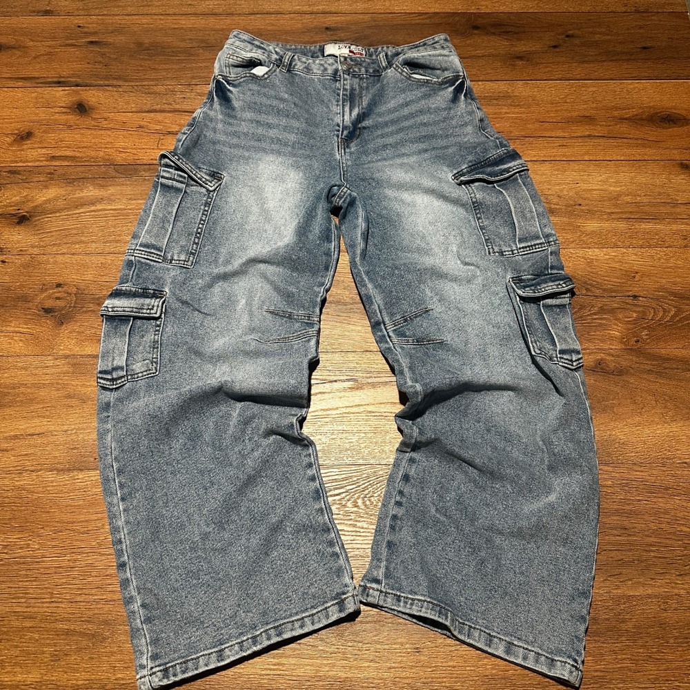 Love Cult Blue Cargo Jeans Women Size 11 Wide Leg High Rise Streetwear Y2K Denim